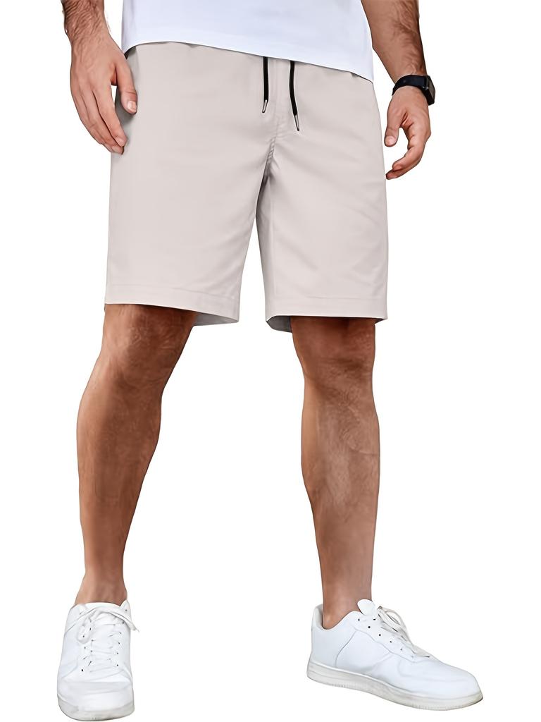 Men's Solid-color Suit Shorts with Leather Label Drawstring Casual Multi-pocket Capre Shorts