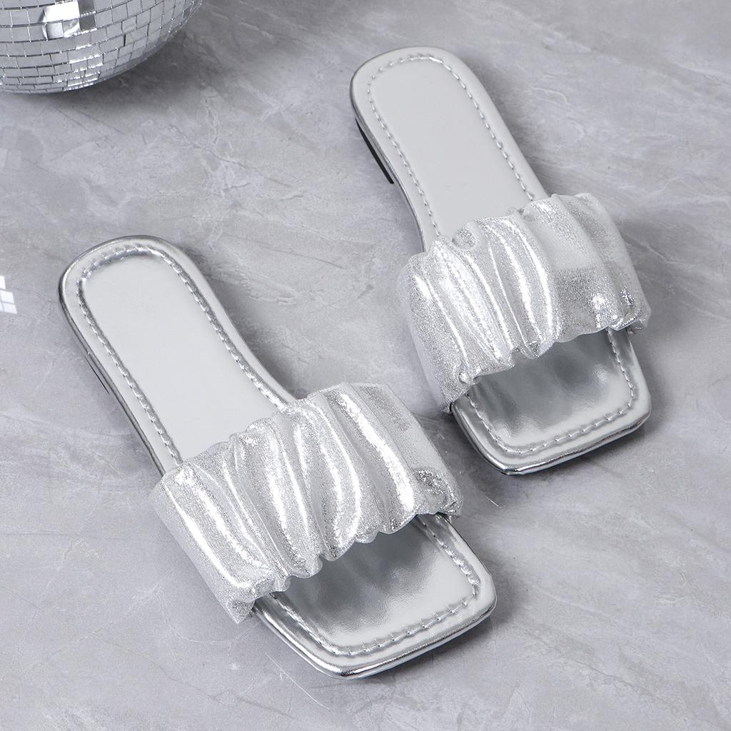 Fashion Pleated Summer Slippers for Women 2025 New Square Toe Flat Sandals Woman Casual Solid Color Anti Slip Beach Flip Flops