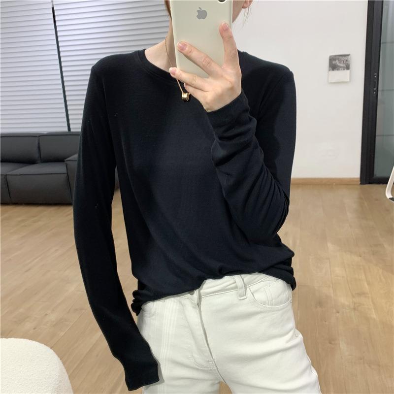 Slim-fit elastic mask shirt women's simple versatile top spring long-sleeved inner white bottoming shirt