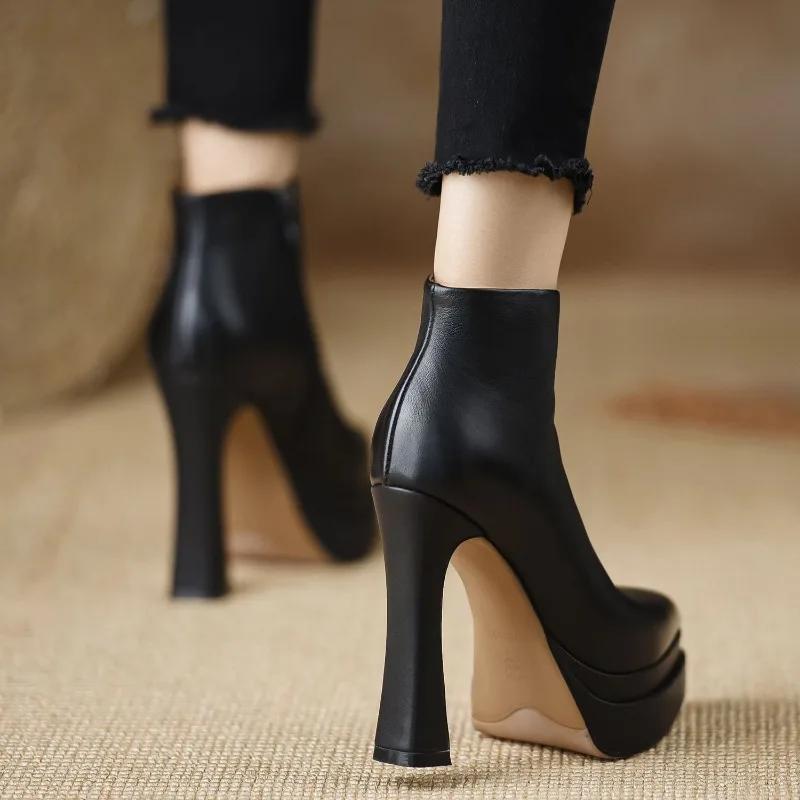 Ultrahohe Damenstiefel Mode Spitz Zehen Hohe Absätze Lederstiefel Dicker Absatz Plateau Botas Seitenreißverschluss Hochhackige Stiefeletten
