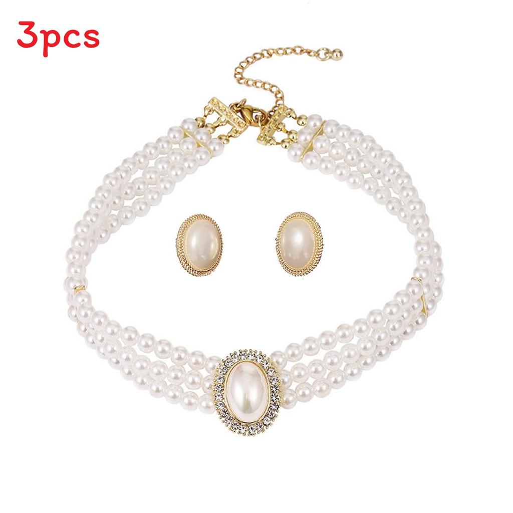 

Vintage Artificial Pearl Necklace Set With Earrings And Gemstone Embellishments For Bridal And Formal Wear Set3