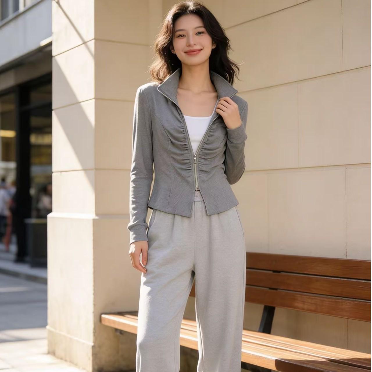 S423 Корейский весенний приталенный кардиган на молнии с лацканами M 50-54 kg серый