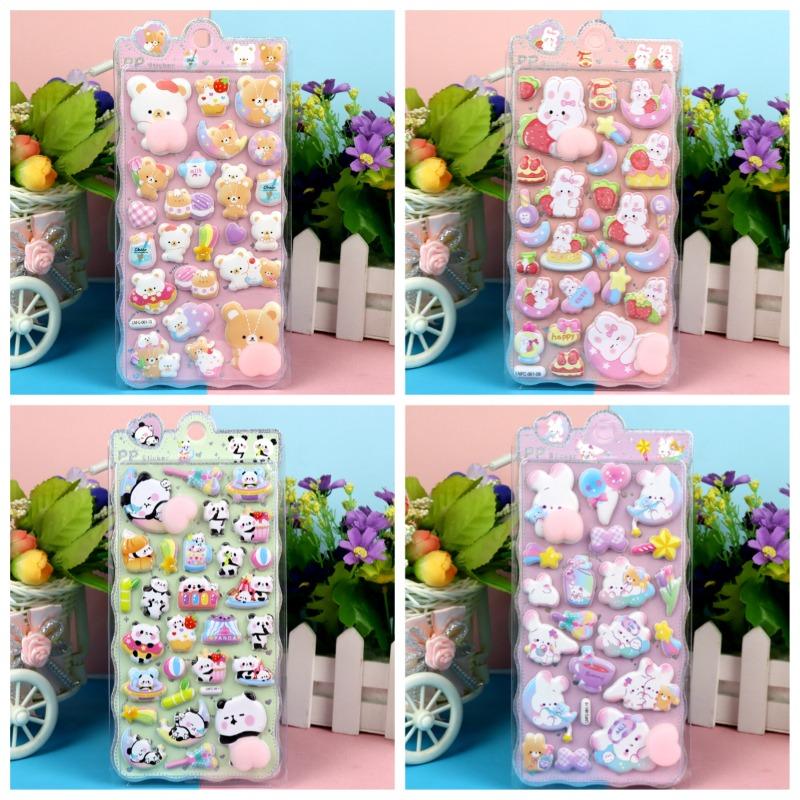 Cute Cartoon 3D Bubble Stickers - Bear, Rabbit, Panda Designs for Kids' Journal Decoration & Kindergarten Reward Stickers