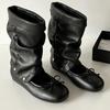 [Removable] Round head retro bow ballet shoes women's two wear short boots pleated pile boots