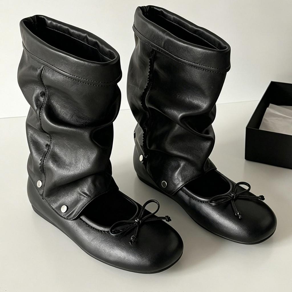 [Removable] Round head retro bow ballet shoes women's two wear short boots pleated pile boots