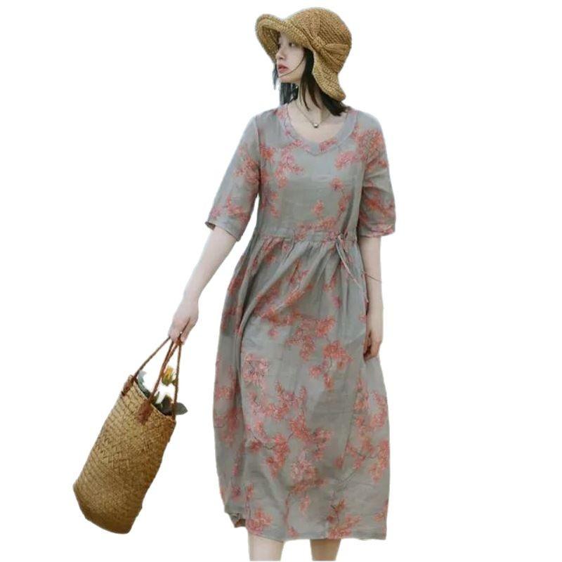 Elegant Light-color Printed Cotton and Linen Medium and Long Dress for Women's 2025 Summer New Product Loose and Casual Over the Knee Waist and Thin