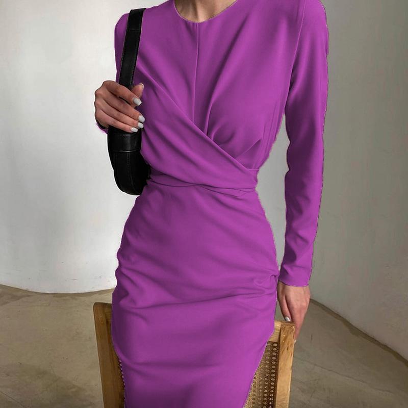 Women's Long Sleeve Round Neck French Retro Slim Long Dress