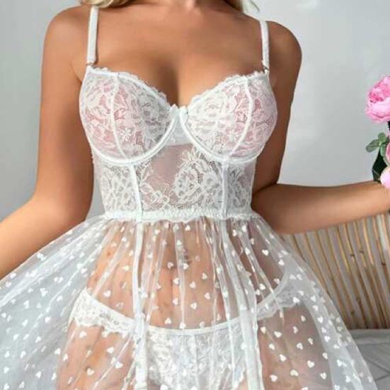 2 Pcs/Set Nightdress Underpants Set See-through Lace Floral Embroidery A-line Hem Thin Mesh Heart Applique Wired Bra Bedroom Honeymoon Sleepwear