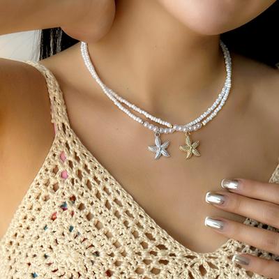 Fashion Metal Starfish Pendant Necklace for Women Elegant White Imitation Zircon Bead Clavicle Chain Wedding Zircon Gifts