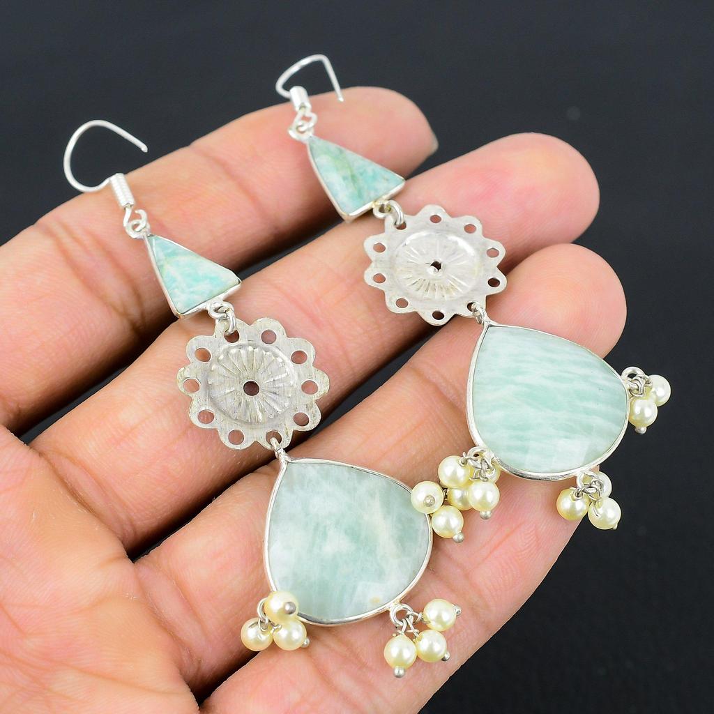 925 Silber Amazonit Stein Schwester Verlobung Tropfen Herzchakra Ohrringe Schmuck