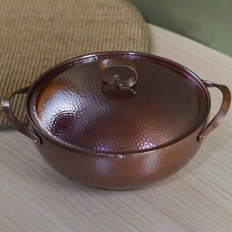Vintage Copper Pot,Hammer Texture Hot Pot Cooking Utensil for Boiling,Simmering and Pasta Stewing,With lid 26 cm Handheld Pots
