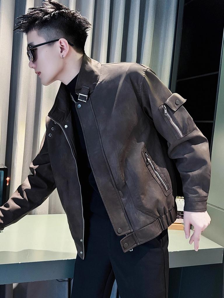 2025 new American men's leather jacket spring and autumn popular men's clothing high-end sense versatile loose jacket