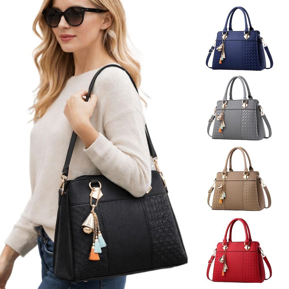Simple PU Leather Shoulder Bags with Pendant Large Capacity Embossed Crossbody Bag Solid Color Female Messenger Bag