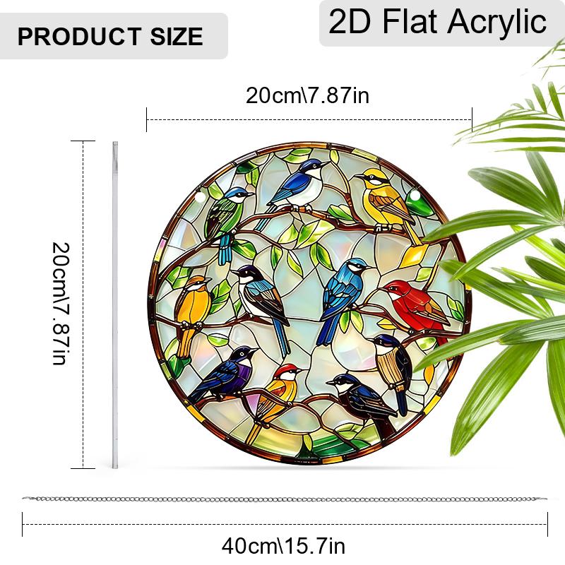 Acrylic Colorful Songbirds on Branches Suncatcher, Stained Glass Style Window Hanging Ornament for Bird and Nature Lovers