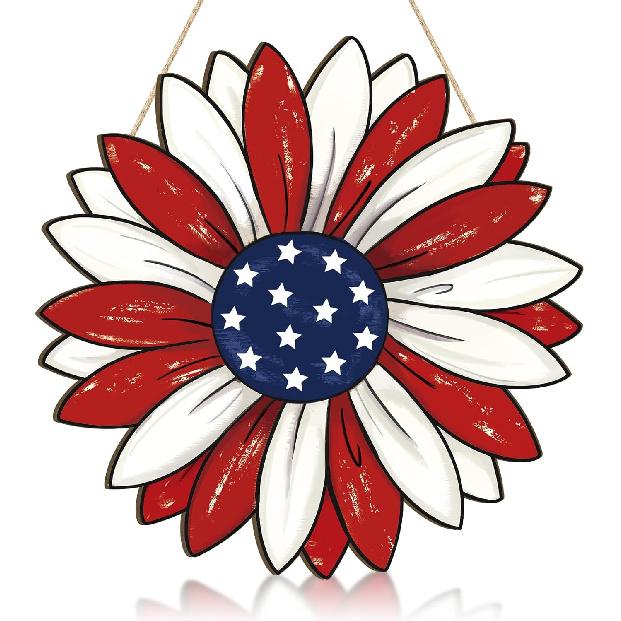 Wooden 4th of July Decoration Door Wreath for Front Door Sign Star Wall Signs, Independence Day Patriotic Day Wreath Welcome Memorial Day Hanging for