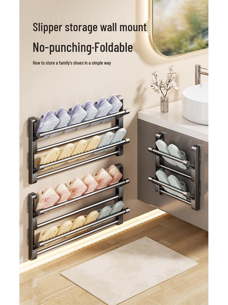 Wall-Mounted Foldable Slipper Rack: Non-Punch, Multi-Layer Shoe Storage for Bathroom Doors