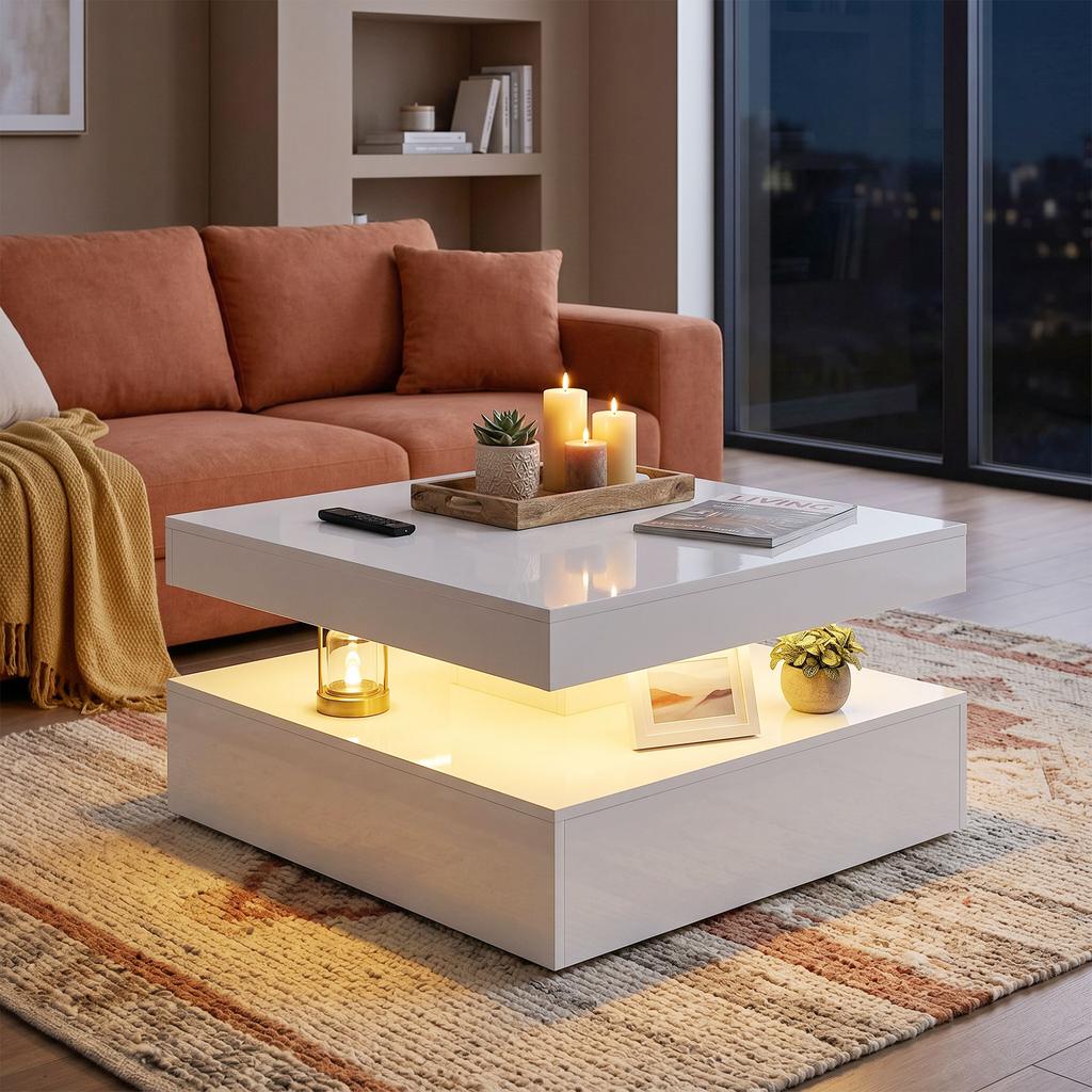 LED-Couchtisch mit Stauraum, 2-stufiger moderner Mitteltisch mit offenem Fach und Fernbedienung für das Wohnzimmer, Hochglanz Weiß