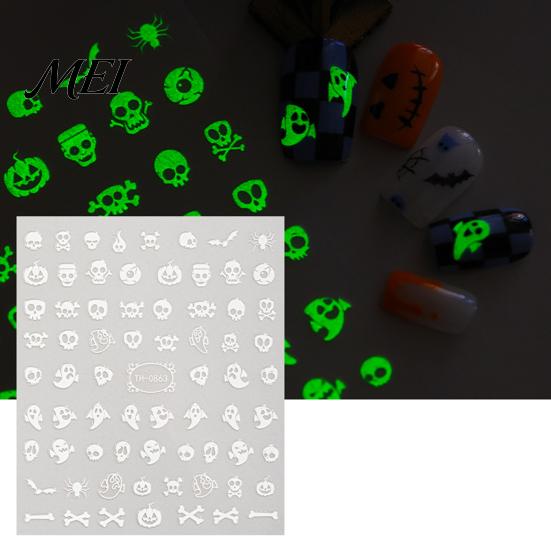 Ghost Manicure Decal 6 Sheets Halloween Glow-in-the-dark Nail Sticker, Spooky Pumpkin Skull Party Art Decor Decal, DIY Decoration Favors for