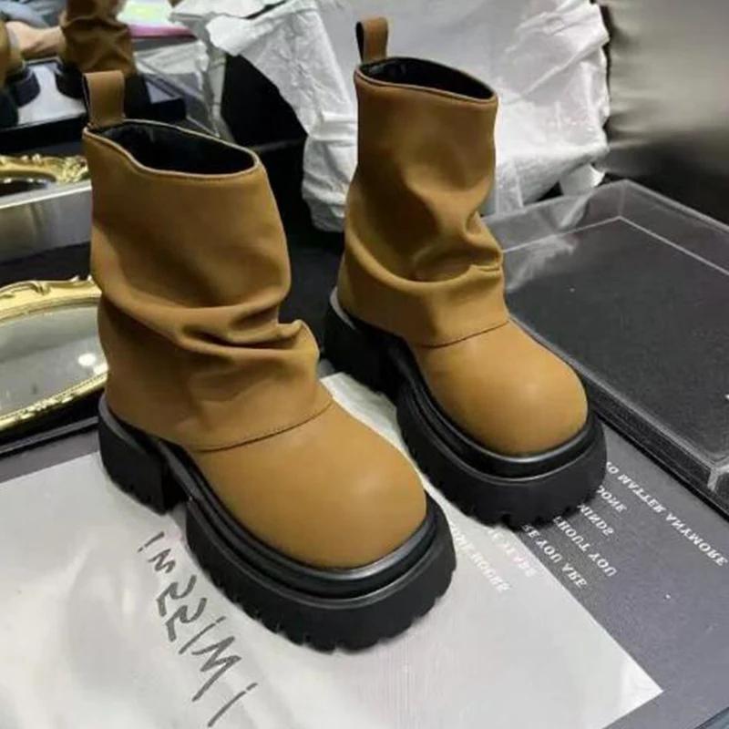 Platform Ankle Boots Designer Women High Boots Round Toe Autumn Chunky Shoes  Trend Brand New Rock Leather Goth Botas Mujer