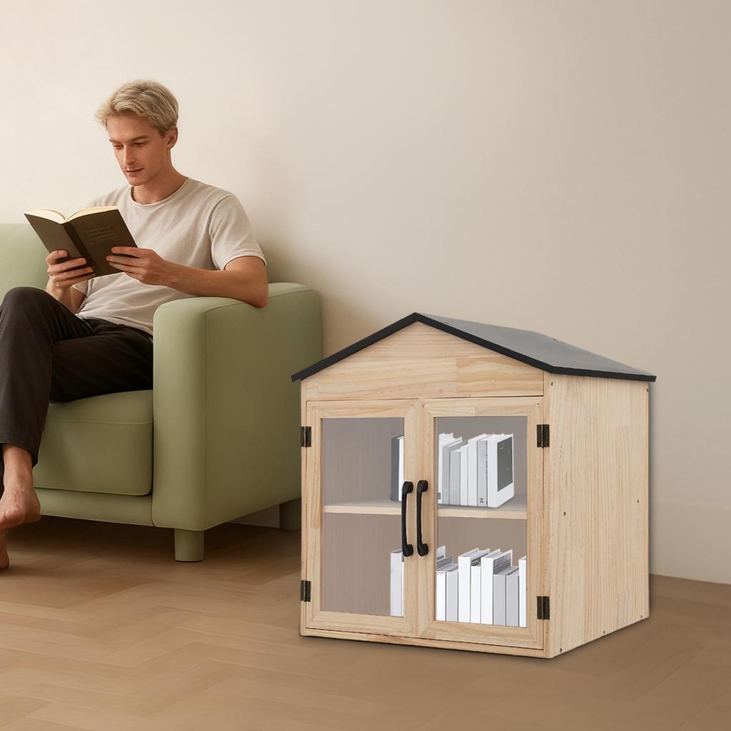 Double Door Wooden Bookcase with Two Shelves, Compact Home Library Storage, 55.5cm Height Bookshelf for Living Room & Office