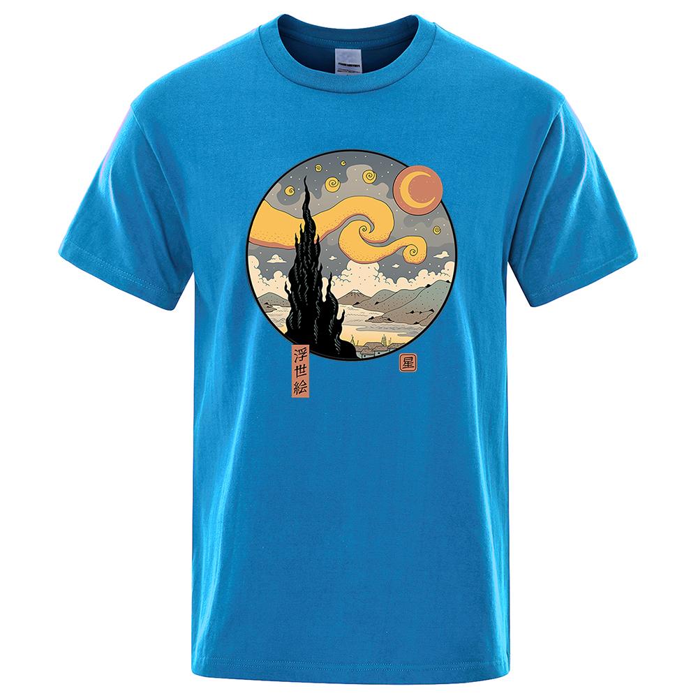 Starry Ukiyo-E Night Funny Printing T Shirts Mens Harajuku Casual Tshirts Cotton Summer Short Sleeve High Quality Street Tops