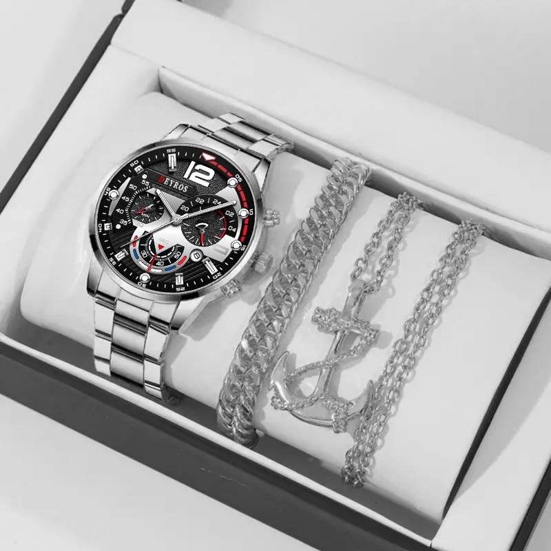 3pcs/set, 1pc Fashion Calendar Men's Quartz Watch, Business Men's Stainless Steel Wrist Watch, Men's Gifts