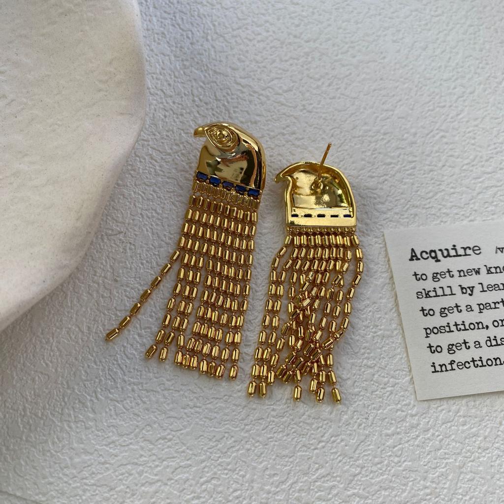 Heavy Industry Design Egyptian Sun God Eagle Head Fringed Stud Earrings Long Retro Exquisite High-End Earrings