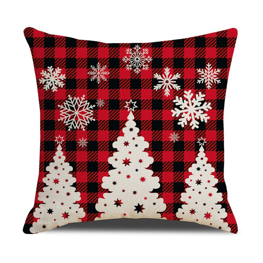 Red and Black Plaid Christmas Pillow Cover Cartoon Print Linen Sofa Cushion Cover Pillow
