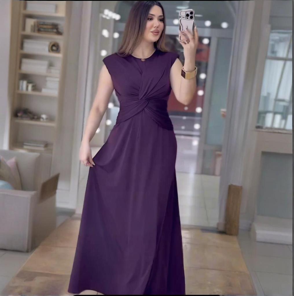 2025 Summer European & American Women's Sleeveless Solid Color Evening Dress with Round Neck