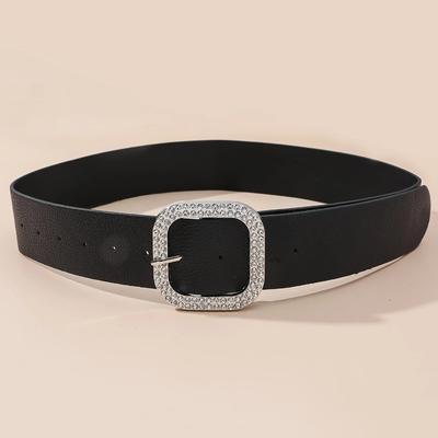 Women's Rhinestone Square Buckle Belt - Minimalist Solid Color Smooth Pu Leather Belt