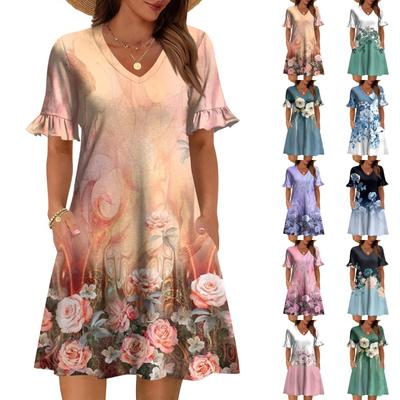Damen A-Linie Sommerkleid Kurzarm V-Ausschnitt Bedrucktes Kleid Mit Taschen