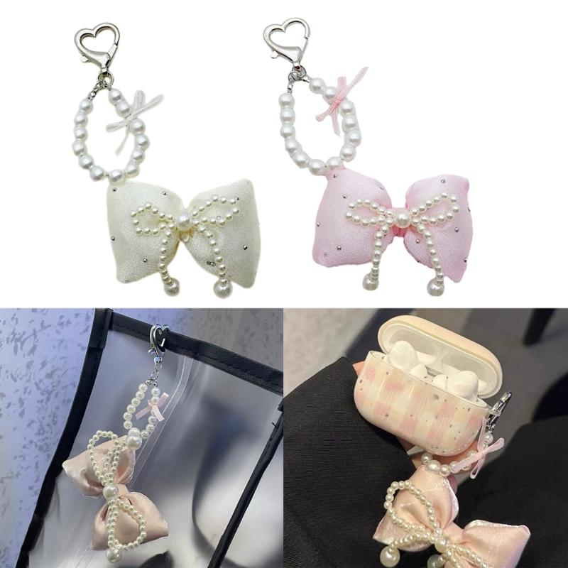 Colorful Keyring Imitation Pearl Beaded Butterfly Phone Chain Stylish Bowknot Charm Keychain Wallet Camera Decoration