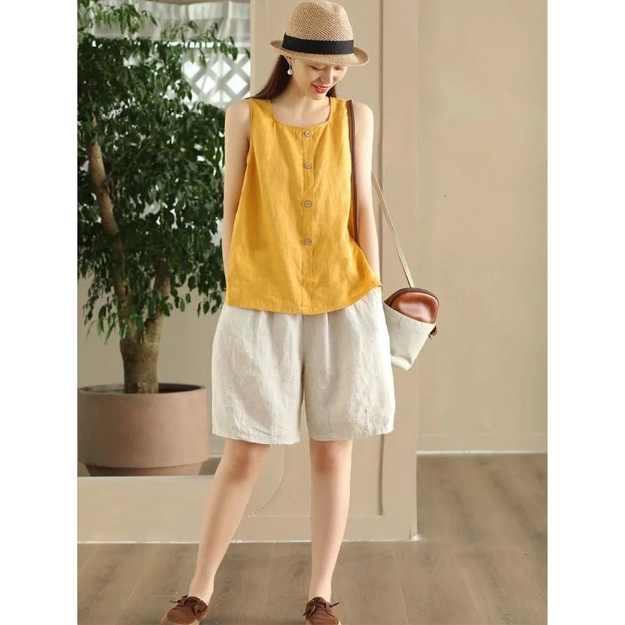 Cotton Linen Sleeveless T-Shirt Summer Casual Button Decoration Vest Loose Top