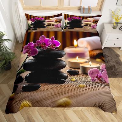 Comforter Minimalist Zen Stone Boho Comforter Purple Flowers Twin Bedding Setblack Stones Print Bed Set For Girls Woman