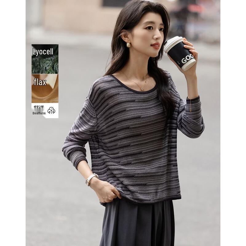 Demana Women s Linen Lyocell Blend Crew Neck Color-block Knit Sweater S