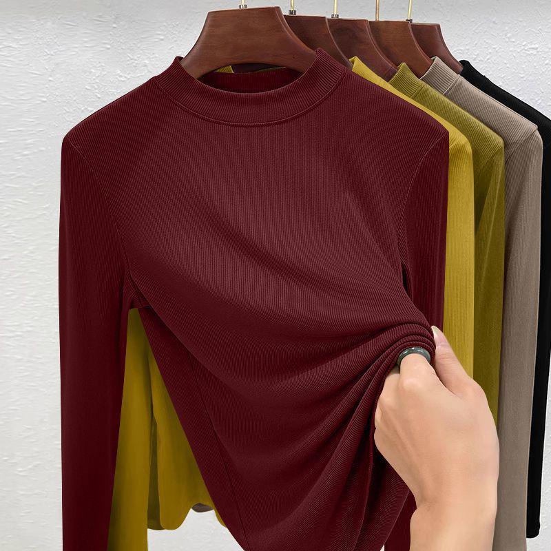 

Жіноча однотонна футболка з довгим рукавом і напіввисоким коміром - Тонкий базовий шар для осені/весни 2025 XL (110-125 lbs)