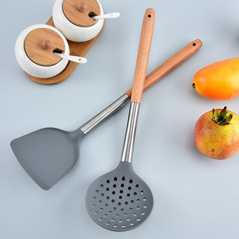 Silicone Kitchen Utensils Wooden Handle Non Stick Pot Kitchenware Cooking Set Heat-resistant Soup Spoon Pasta Colander Shovel