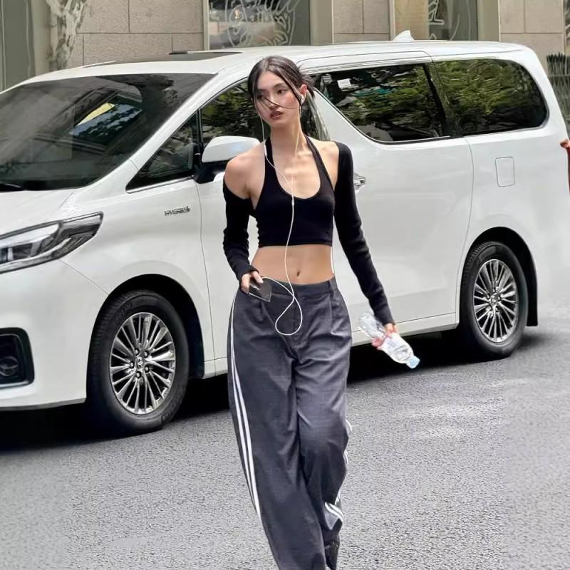 Womens Striped Straight Leg Low Waist Casual Trousers Commute Office Style