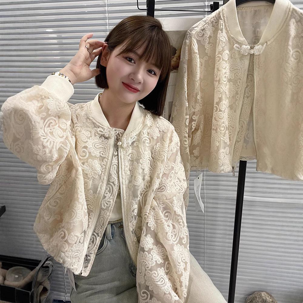 Women's Hollow Lace Jacket with Stand-up Collar - European Style, 2024 Spring, Korean Slimming Fit, Elegant Fragrance-Inspired Design.