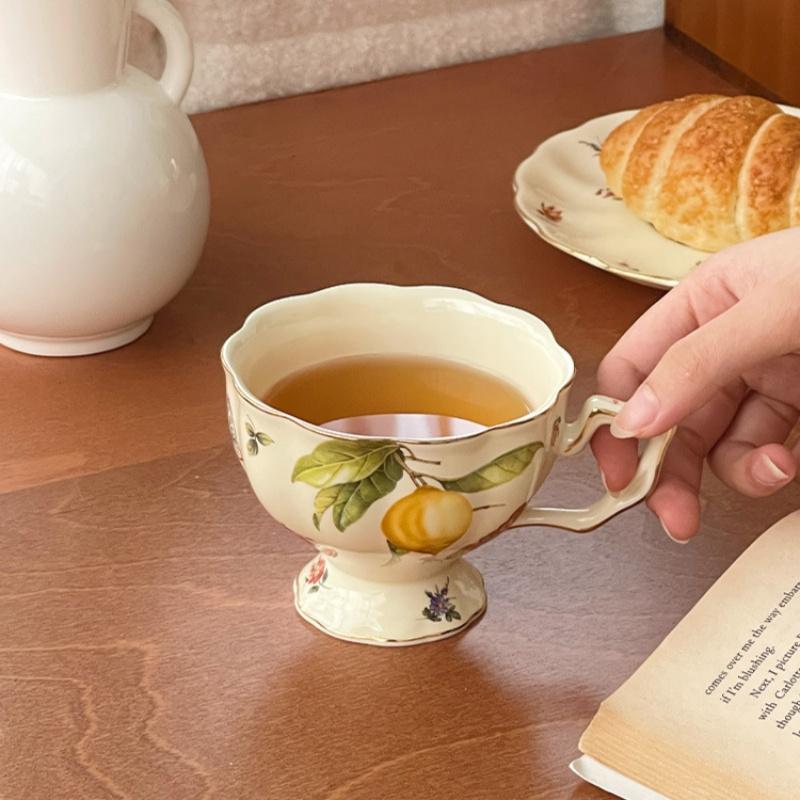 European Coffee Cup and Saucer Teapot Afternoon Tea Cup Lemon Pattern Ceramic Teacup Kettle Dessert Plate Drinking Utensil Gifts