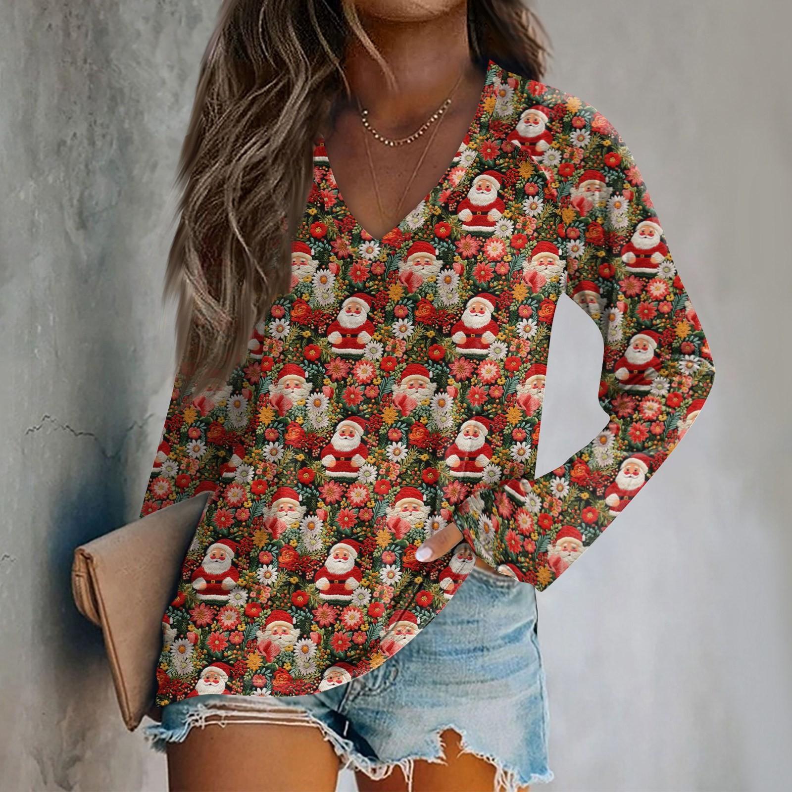 

Женская футболка с длинными рукавами и V-образным вырезом с рождественским принтом, повседневный и удобный топ S красный