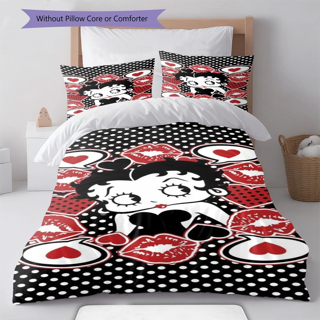 Betty Boop Pattern Bedding Set Quilt Cover Pillowcase Home Decor Gift (1 * Duvet Cover + 2 * Pillowcase, Without Core)