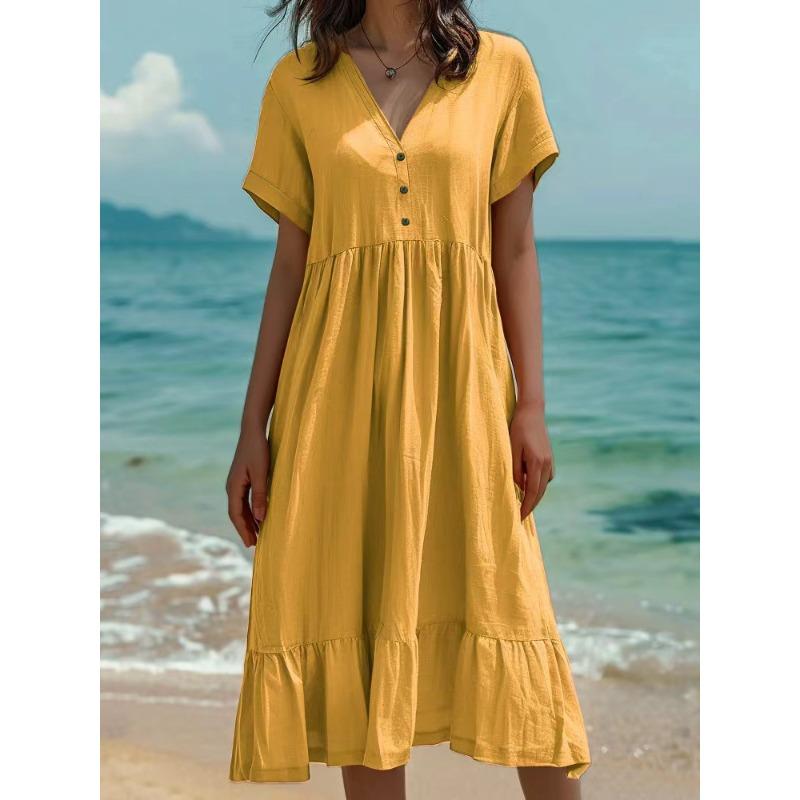 VEZFAA Damenmode Sommer Frühling Einfarbiger Druck Kurzarm V-Ausschnitt Lockere Taille Lässige Kleider