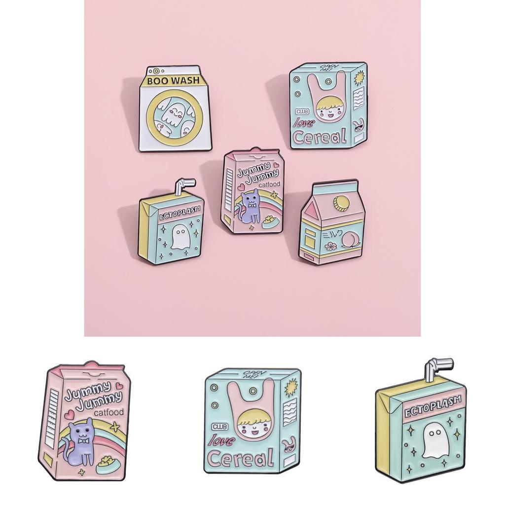 Trendy Box Milk Drink Style Brooch With Adorable Cat Graphic And Alphabetic Motifs
