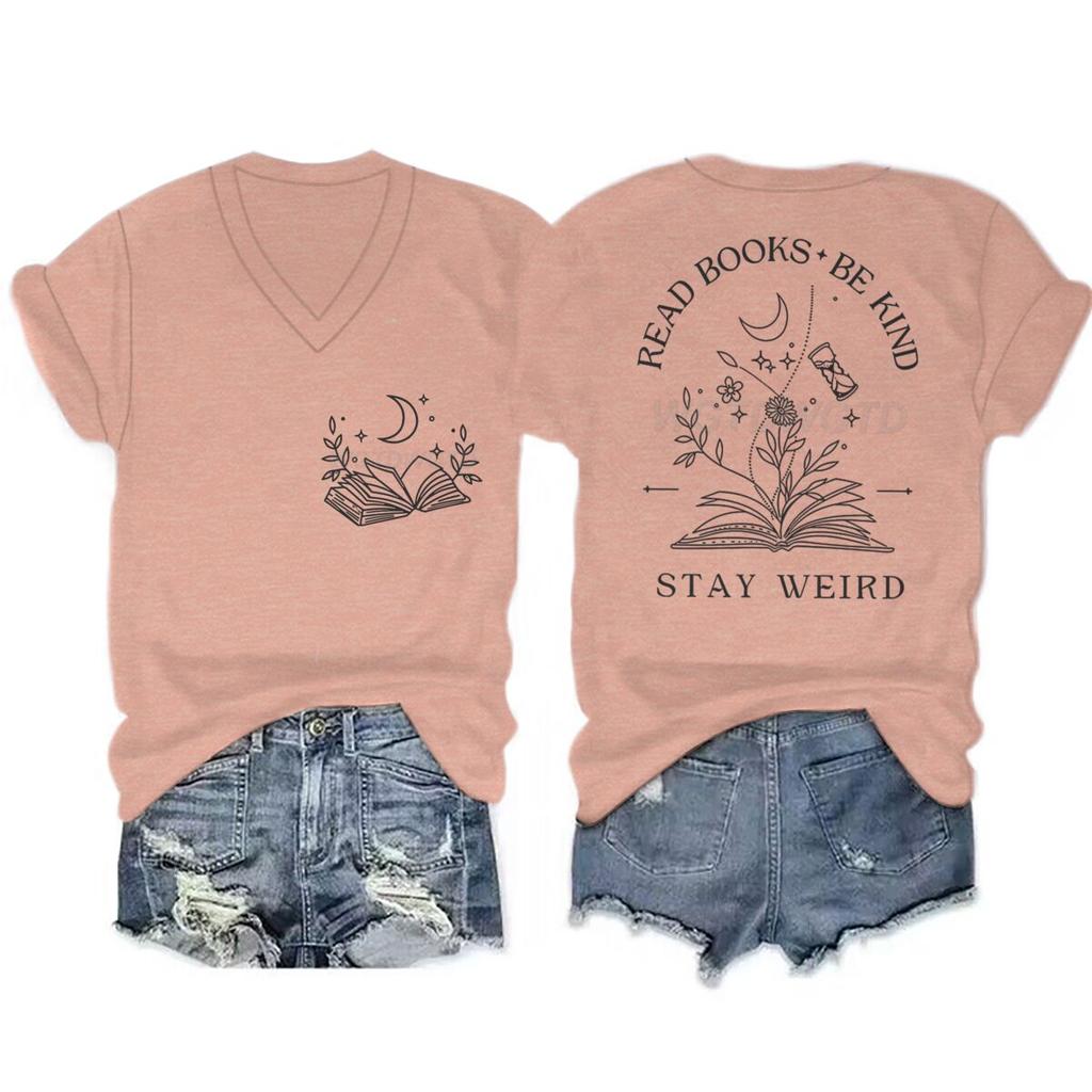 Comfort Colors Read Books Be Kind Stay Weird Shirt Bookish Vneck Short Sleeve Tee Book Lover Boho Gift Floral Design TShirts