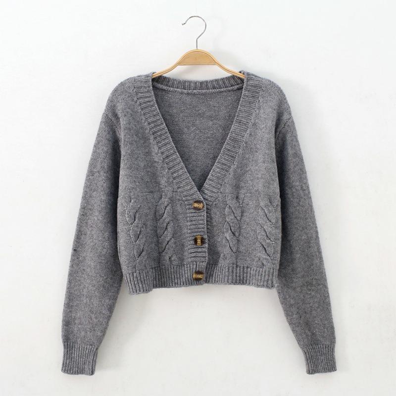 

Short High-waist Slim Cable Sweater for Women Spring and Autumn New Style Single-breasted Knitted Cardigan onesize серый