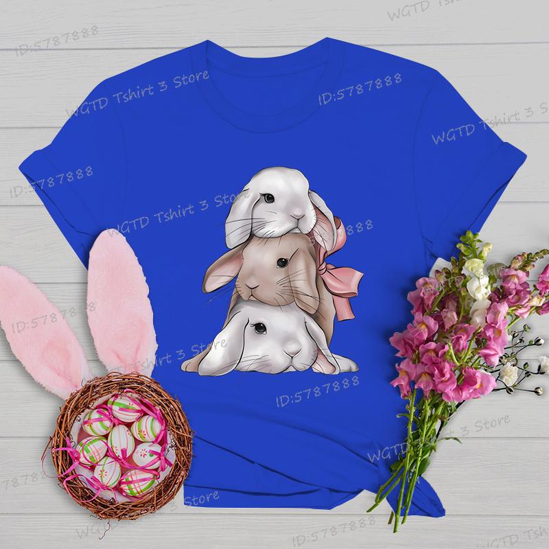 Easter Rabbit Shirts and Blouses Women Gift for Christian Crew Neck Short Sleeve Tshirt Cute Animal Bunny Easter Cartoon Tshirt