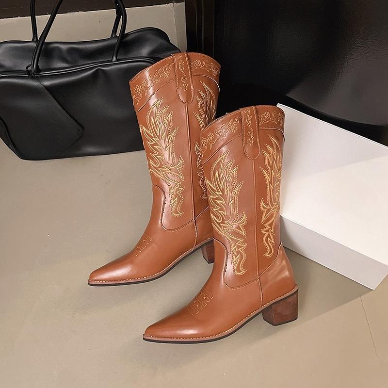 Fashion Western Embroidered Knight Boots Women's Autumn New Pointed Toe Sleeve Non-slip Block Heel Vintage Mid-leg Boots