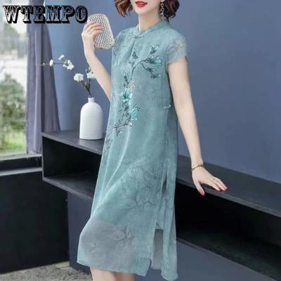 Embroidered Printed Cheongsam Women's Thin Dress Short Sleeved Round Neck Retro Chinese Style Dress Summer