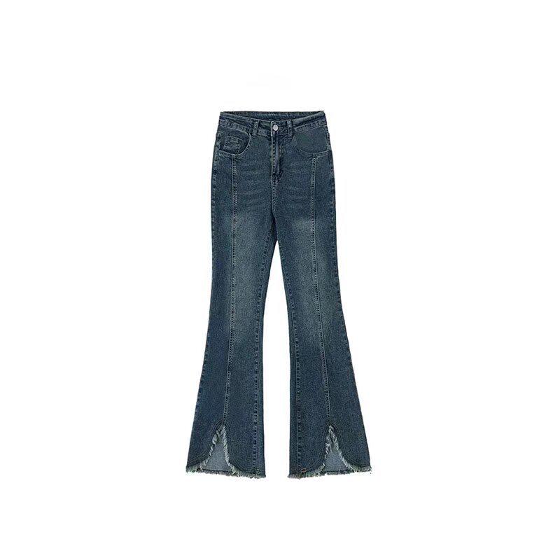 

Women s Plus Size Retro Blue Frayed Flare Jeans - Stretchy Bell Bottoms for Spring & Autumn 3XL синий